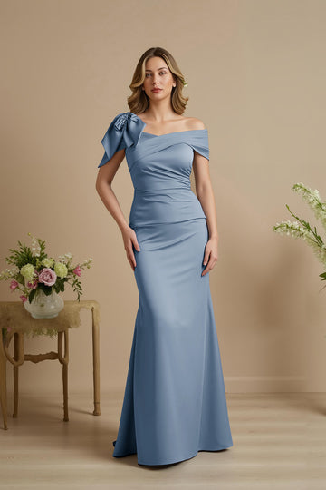 Dusty Blue Mermaid Satin Off The Shoulder Mother of the Bride Dress with Bow